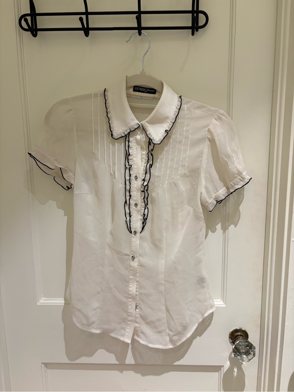 GUESS White Short Sleeve Ruffle-Trim Blouse with Black Piping
